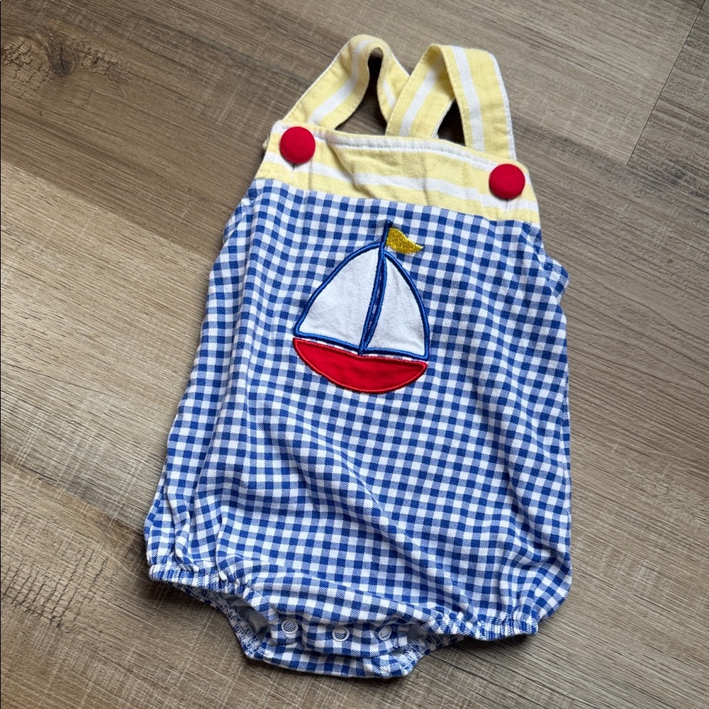 Blue Checkered Baby Bodysuit with Sailboat Design